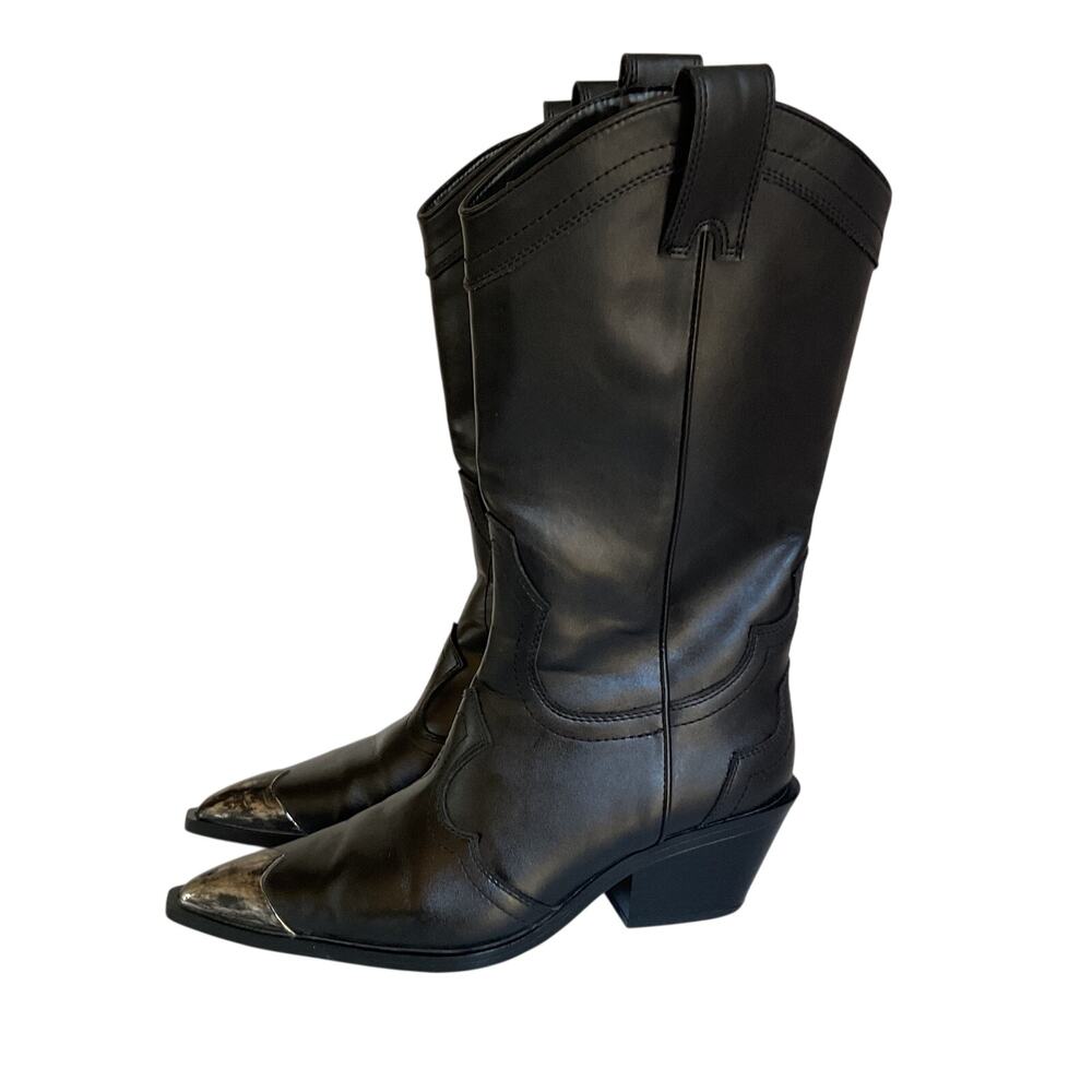 ZARA Women’s Black Western Cowboy Boots Size 37 US 6.5 Silver Metal Toe Y2K